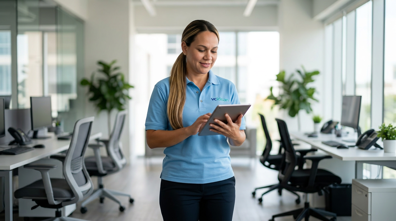 Inspectora de VCKLEAN con tablet revisando un checklist en una oficina moderna.
