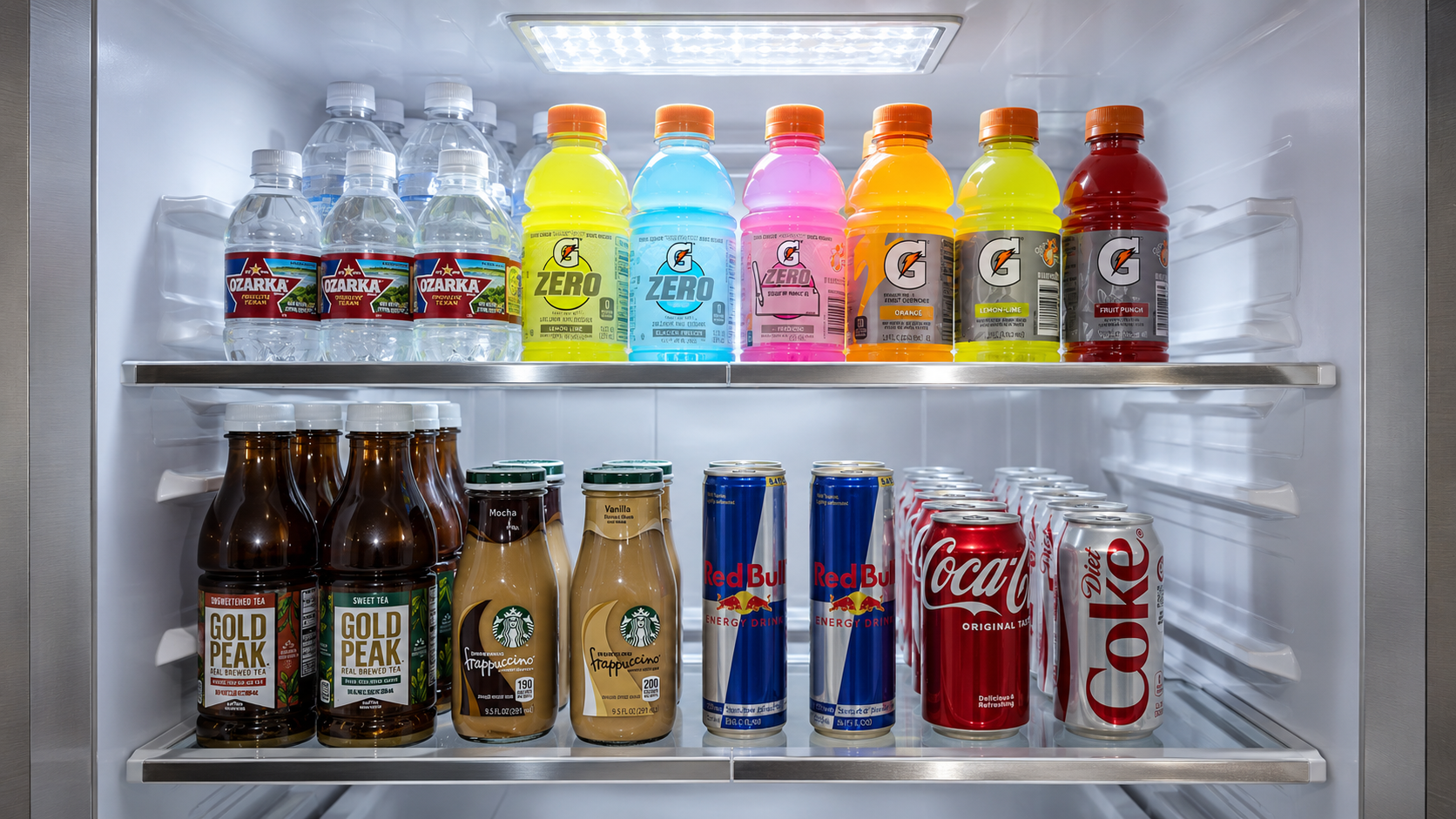 Selección de bebidas refrigeradas: agua, Gatorade Zero, Red Bull, Coca-Cola, Gold Peak y Starbucks Frappuccino.